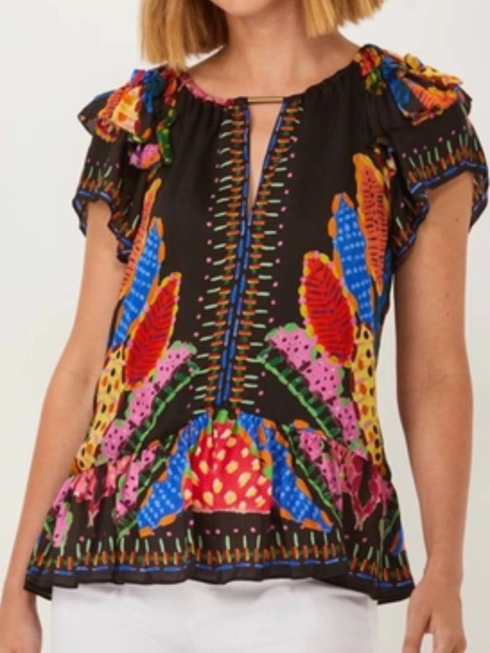 ecru Black Multicolor Peasant Blouse in abstract coral reef